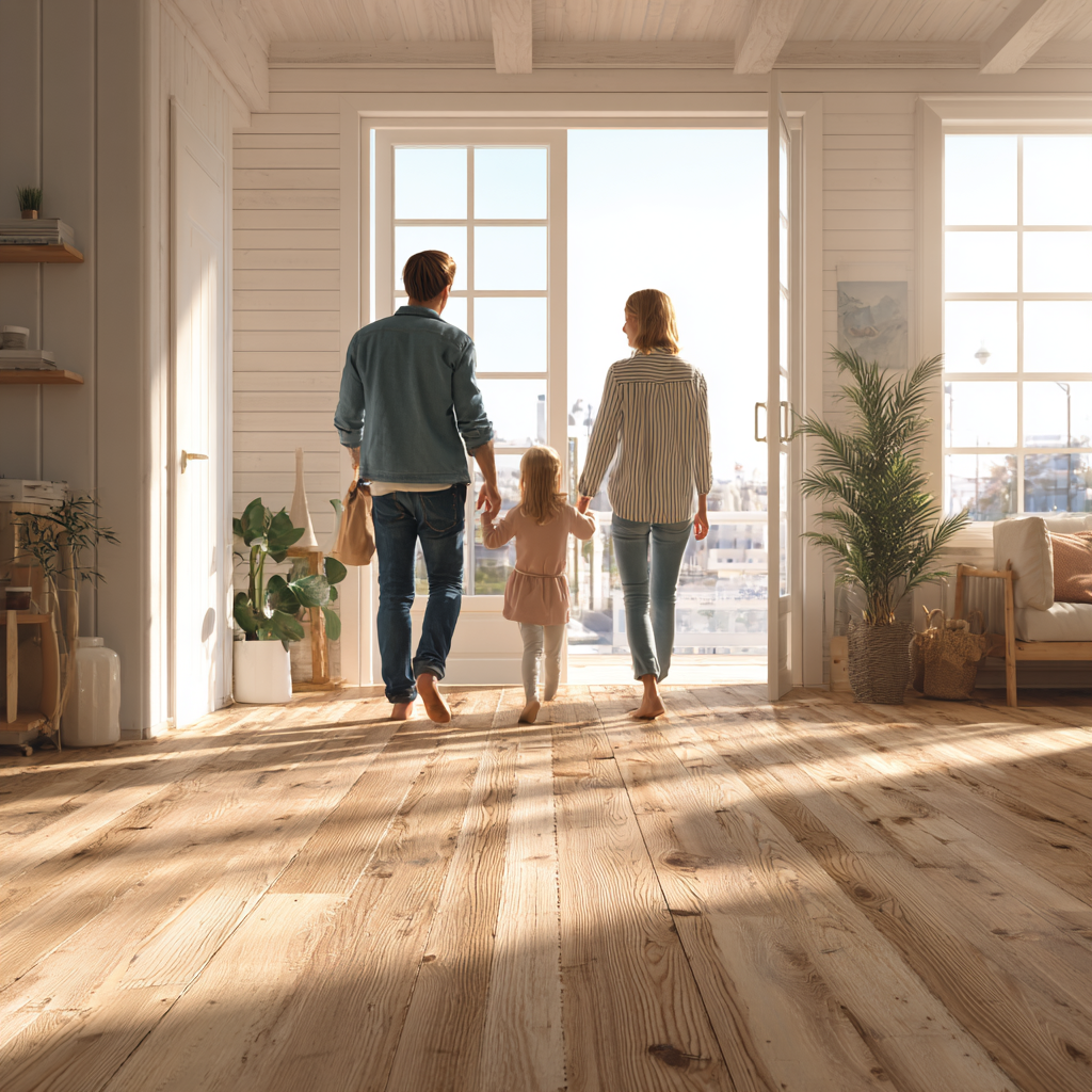 štastná rodina vo svojom novozrekonštruovanom dome s novdou podlahou